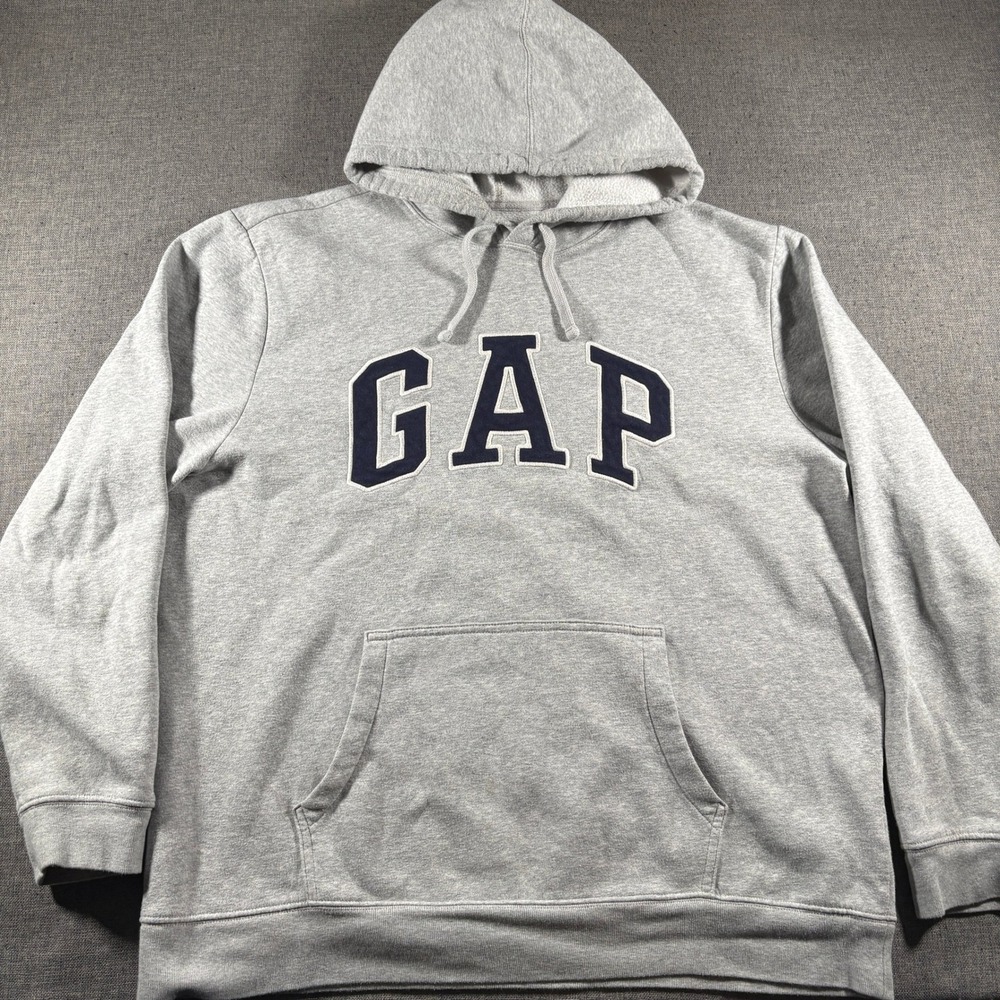 Gap Arch Logo Hoodie Mens XL Grey Core Arch Spellout Sweatshirt Fleece Lined
